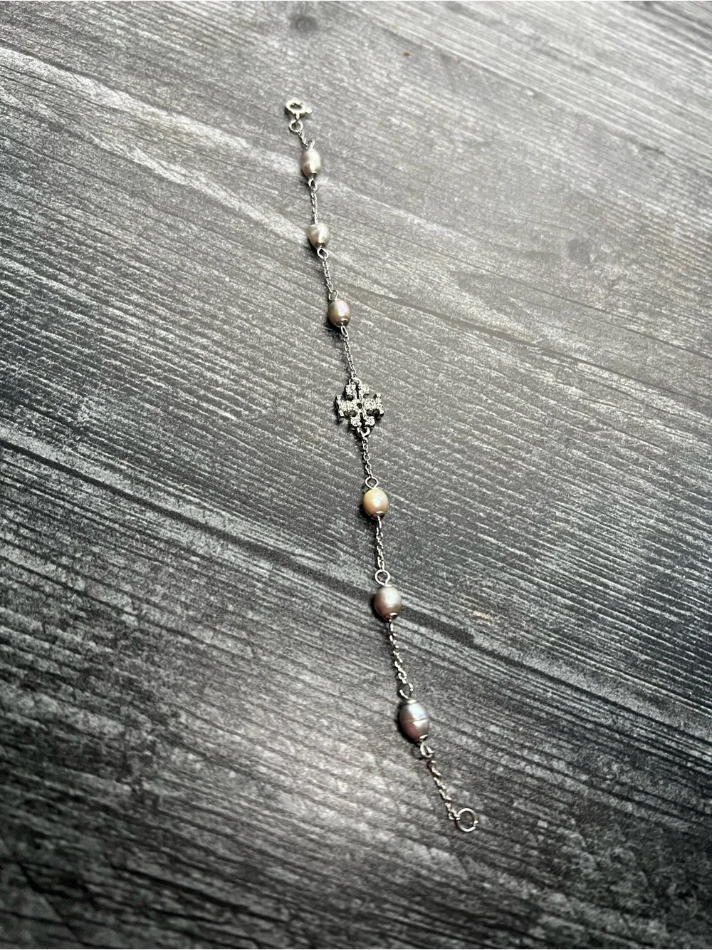 Tory Burch Silver Chain Bracelet with Pearl Stations and Logo Cross